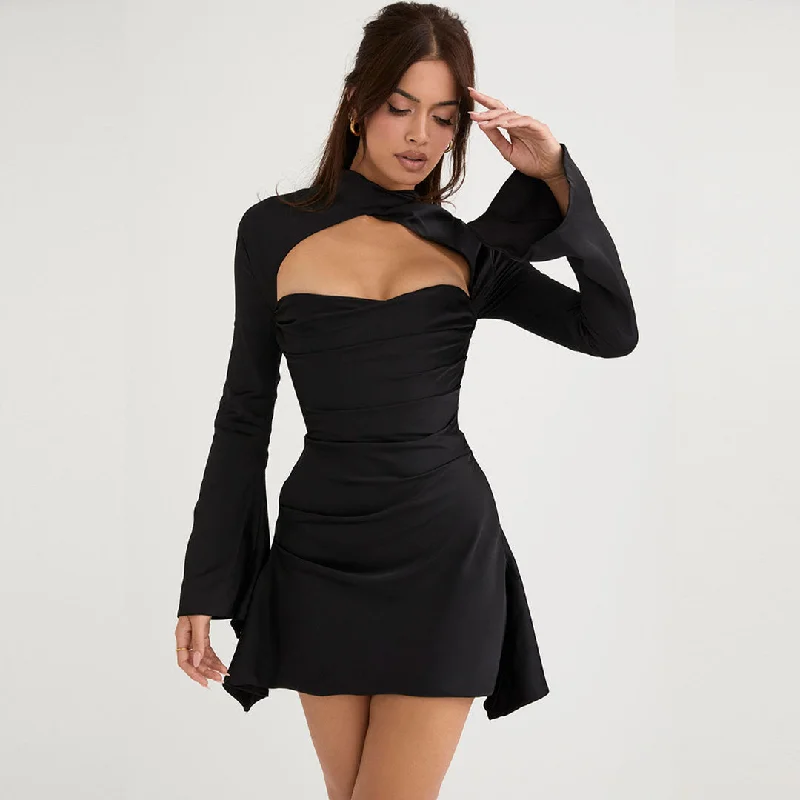 BerryBetty - Long Sleeve Draped Satin Mini Dress - Black