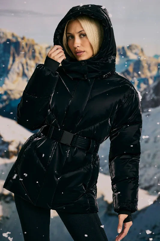 Oversized Quilted Hooded Ski Jacket in Black