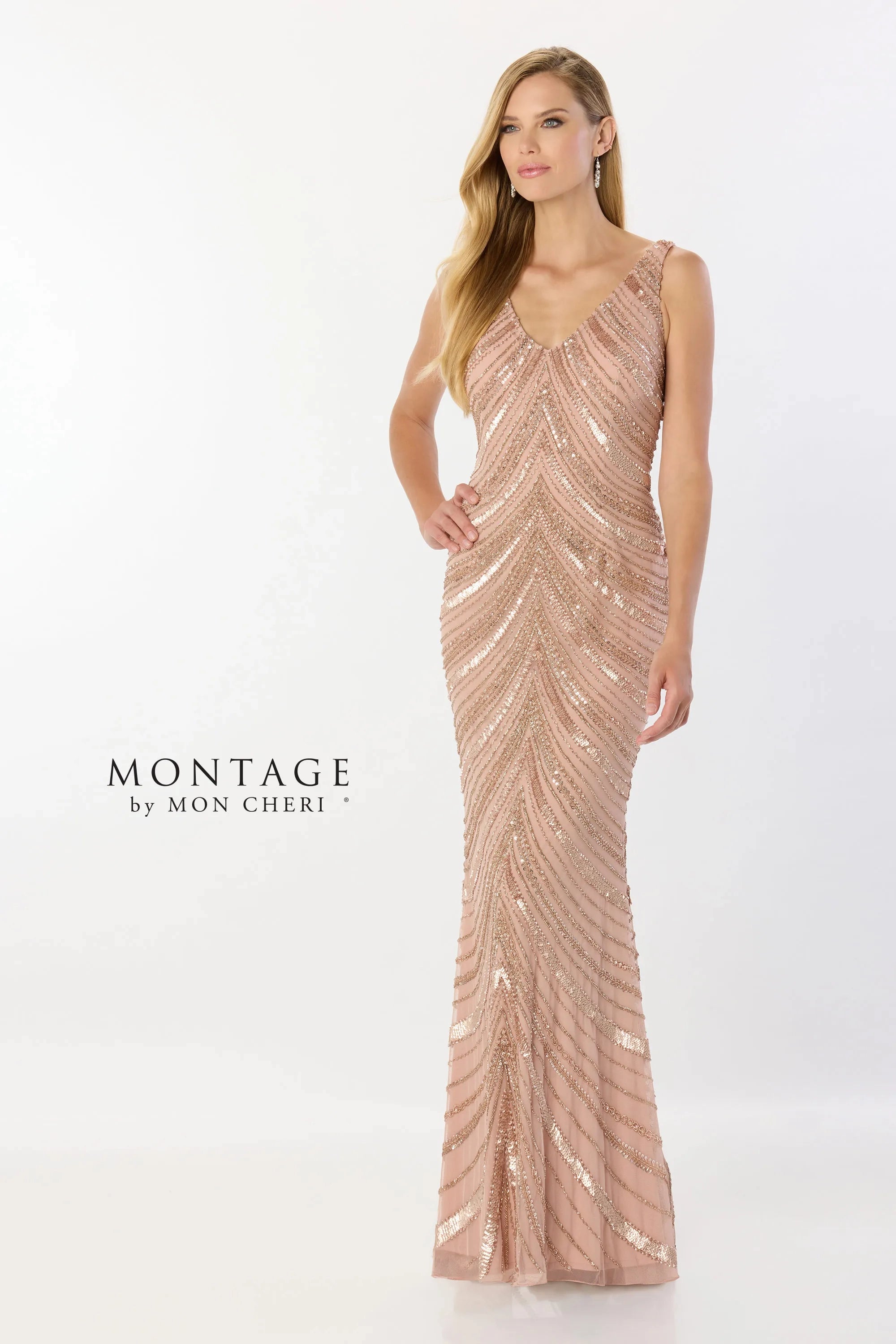 Montage M2244 Long Fitted Sequin Detachable Sleeve Formal Dress