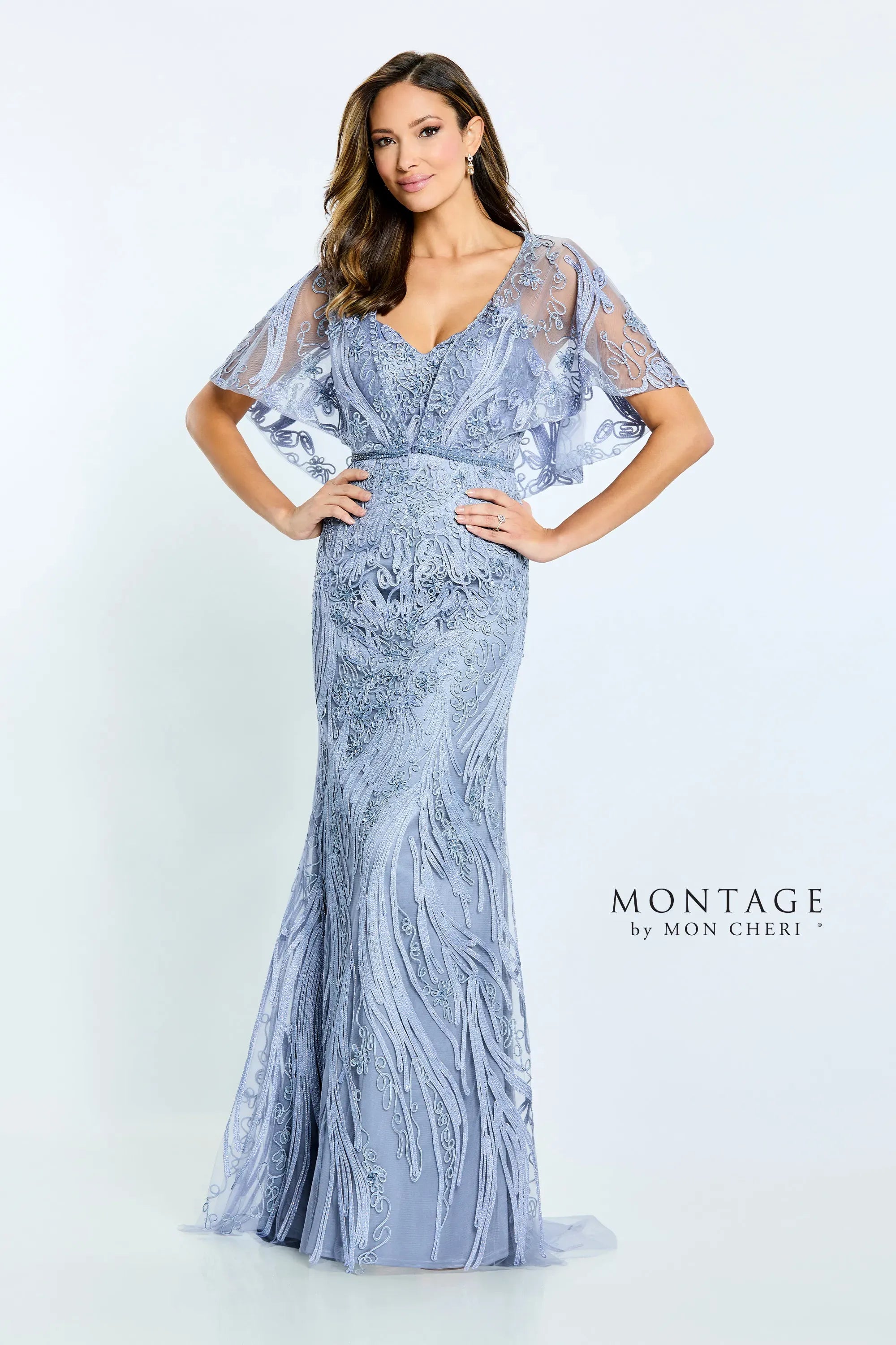 Montage M511 Long Formal Detachable Capelet Lace Dress