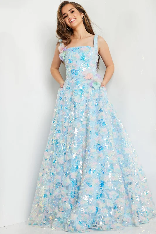 Jovani K23955 Long A Line Floral Print Sequin Formal Prom Girls Dresses