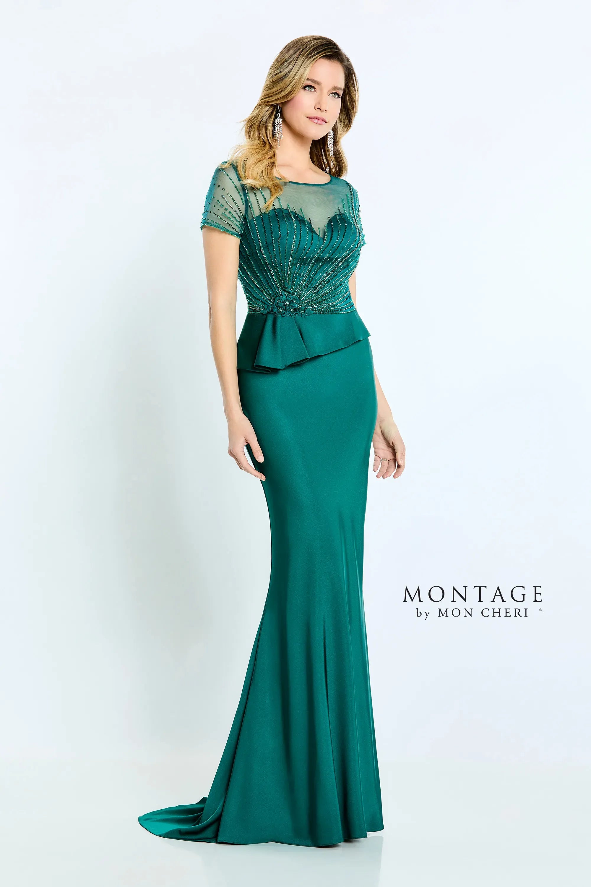 Montage M500 Beaded Long Formal Pleated Peplum Dress