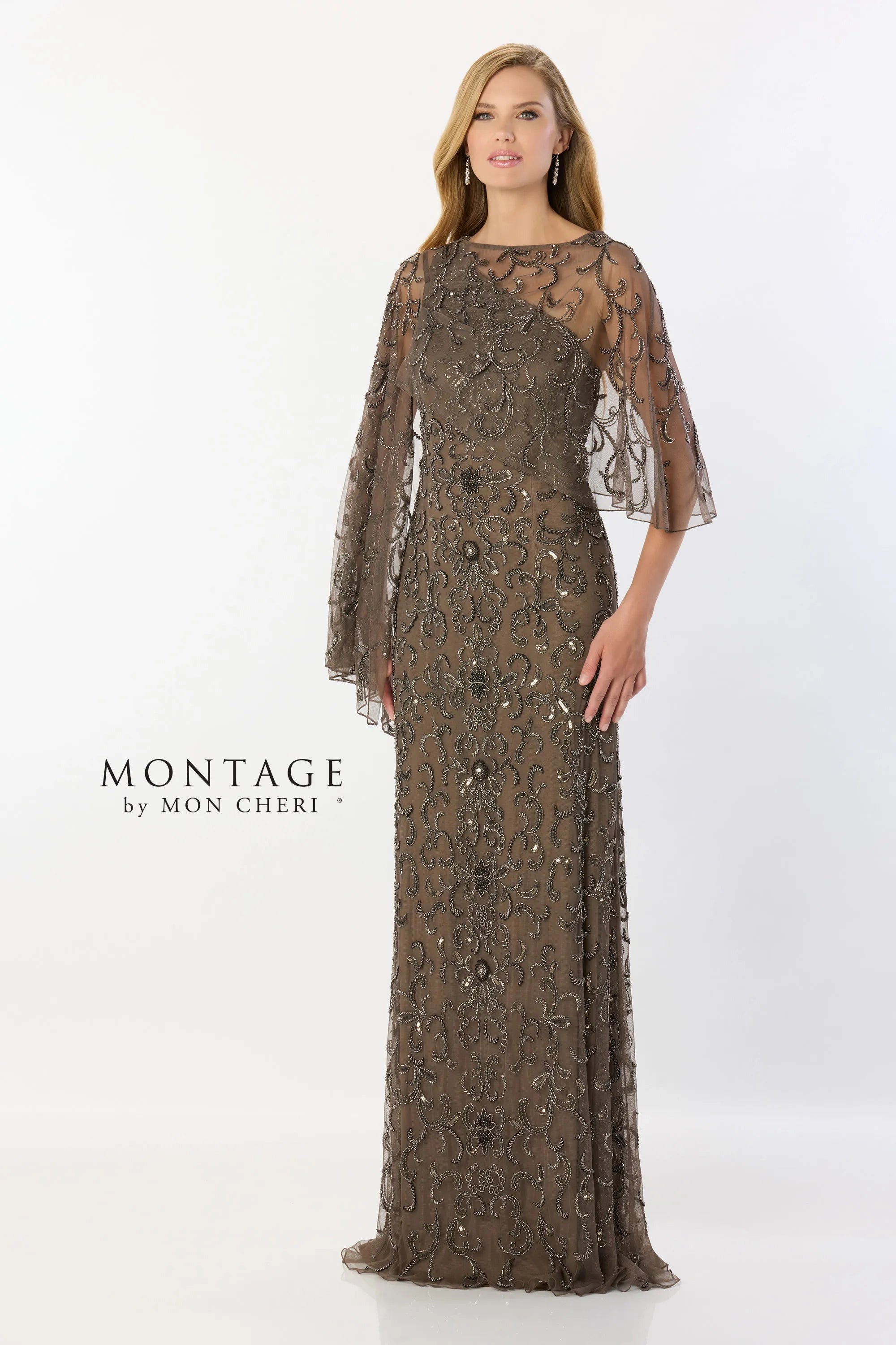 Montage M2241 Long Formal Beaded Sequin Evening Capelet Dress