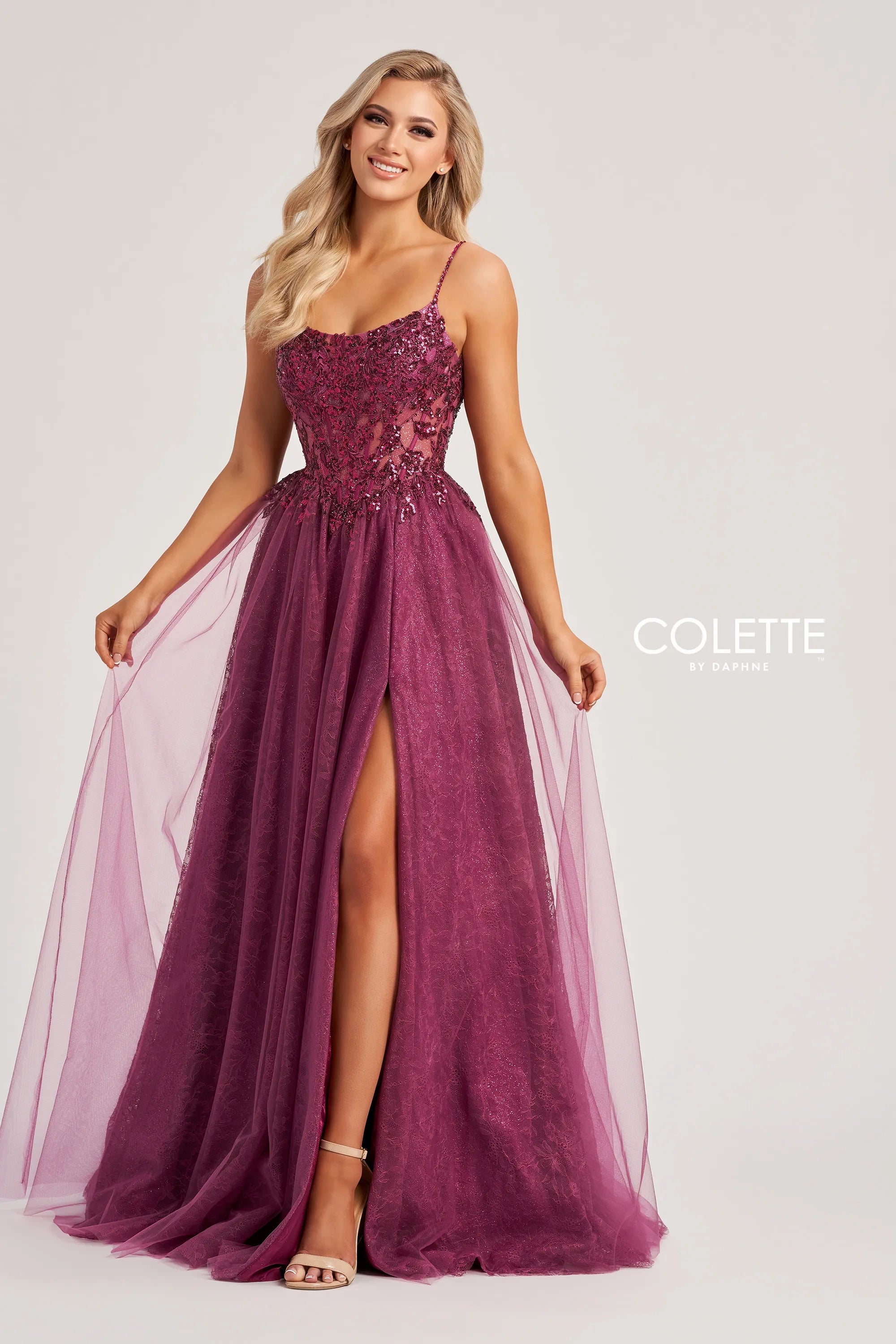 Colette by Daphne CL8240 Long Slit A Line Sequin Formal Prom Dress