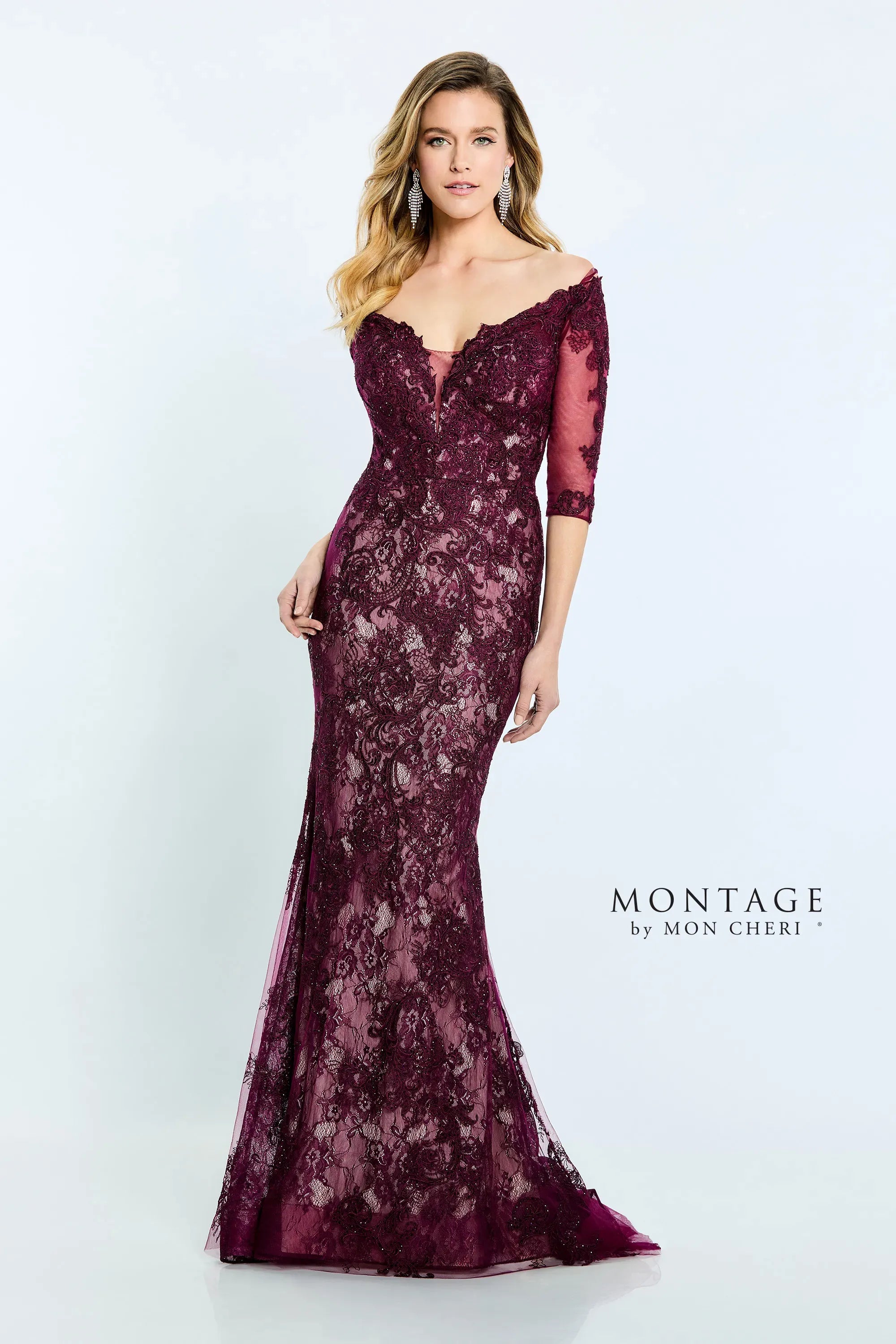 Montage M510 Long Fitted Formal Beaded Lace Evening Dress