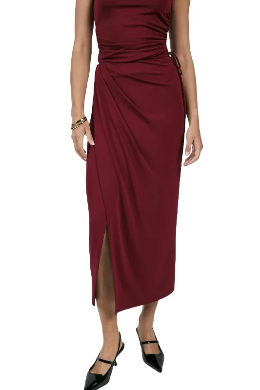 Fiery Spirit Ruched Midi Skirt In Cabernet