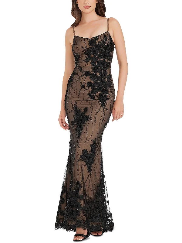 Giovanna Womens Lace Overlay V-Neck Evening Dress