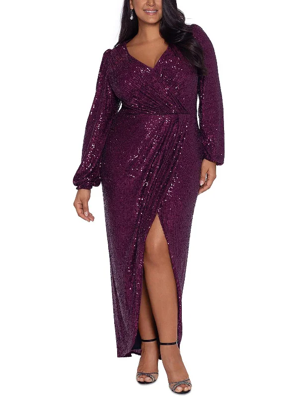 Plus Womens Sequined Surplice Evening Dress