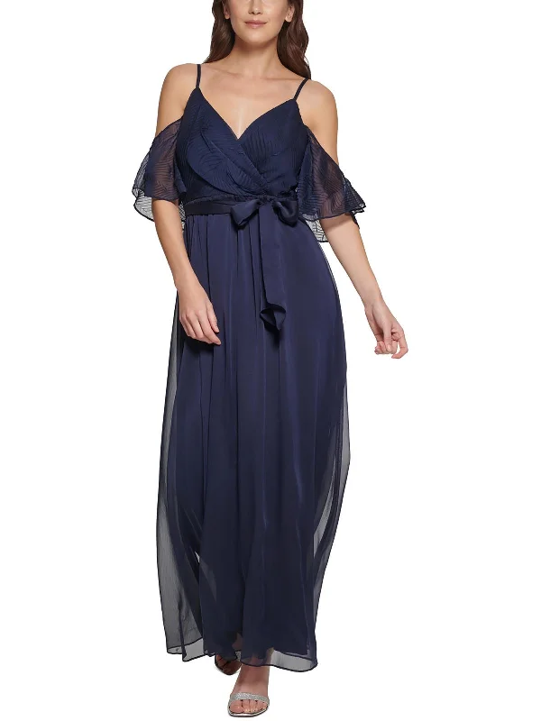 Womens Chiffon Cold Shoulder Evening Dress