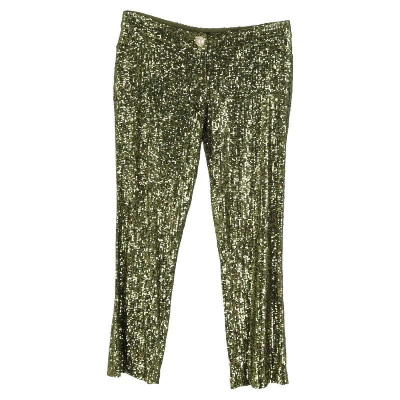 Balmain Cropped Stretch-Tulle Flared Pants in Green Sequins