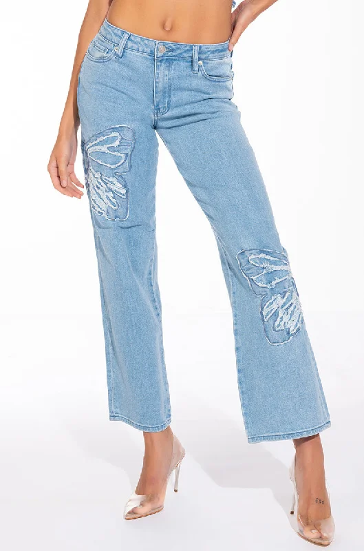 INFINITY BUTTERFLY DETAIL MID RISE WIDE LEG DENIM