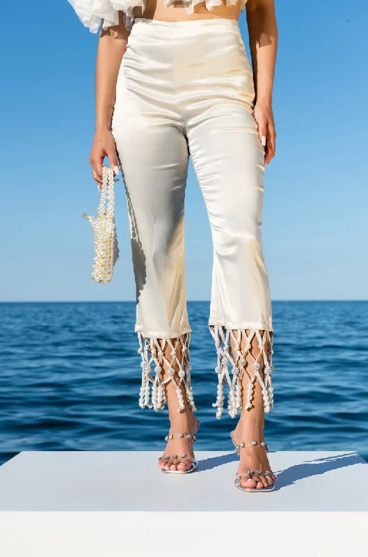 NEXT STOP CANNES BEADED TRIM HIGH WAIST SATIN PANT