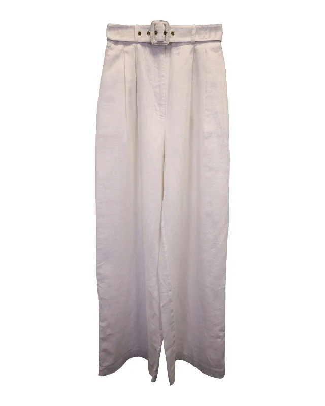 Zimmermann Wavelength Belted Wide-Leg Pants in White Linen