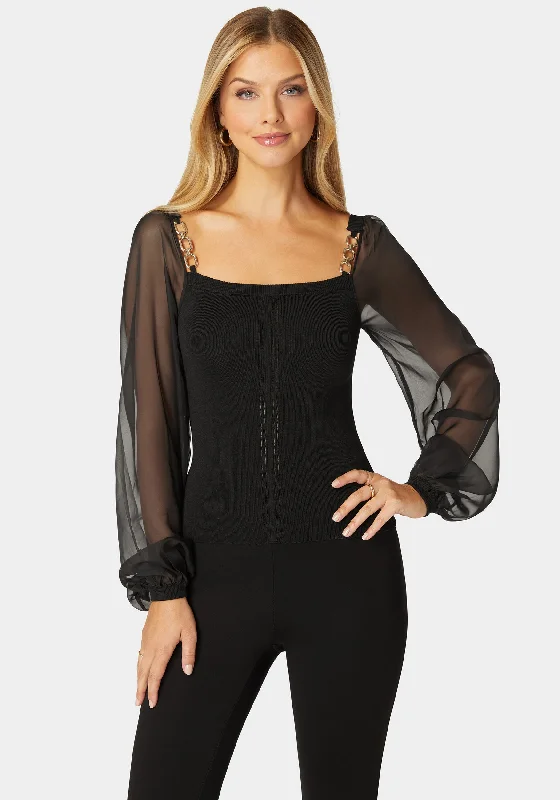 Chiffon Combo Balloon Sleeve Sweater