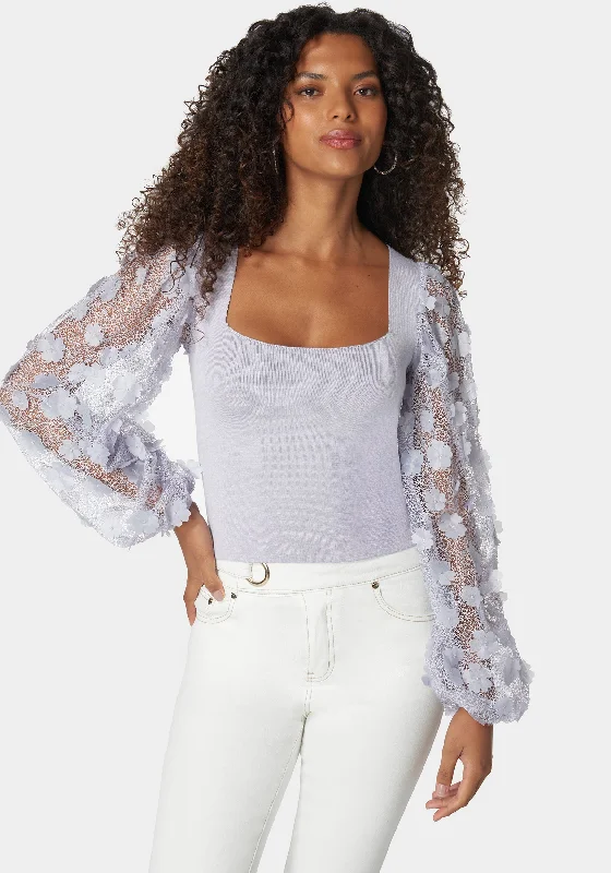 Embroidered Sleeves Square Neck Sweater