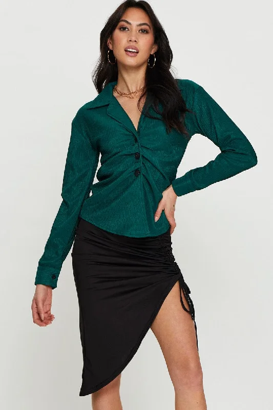 Green Oversized Shirts Long Sleeve Collared