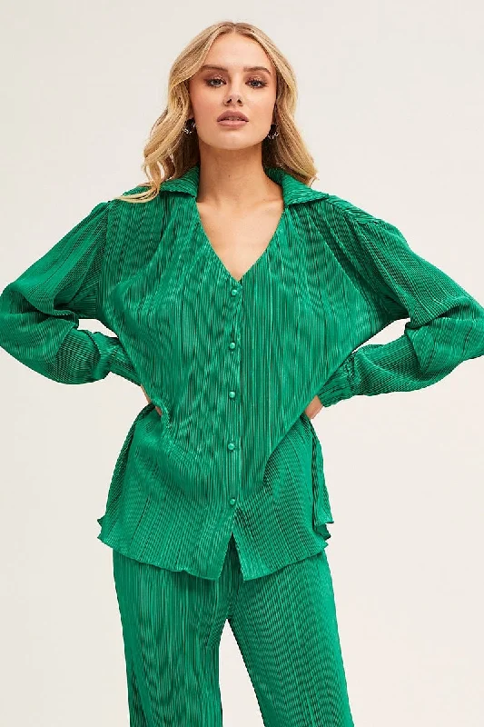 Green Plisse Shirt Long Sleeve Button Front