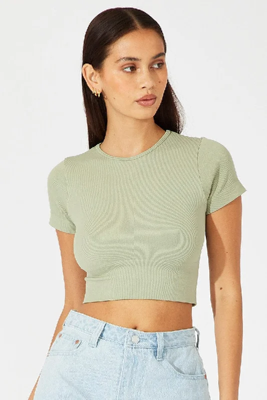 Green T Shirt Short Sleeve Crew Neck Seamless