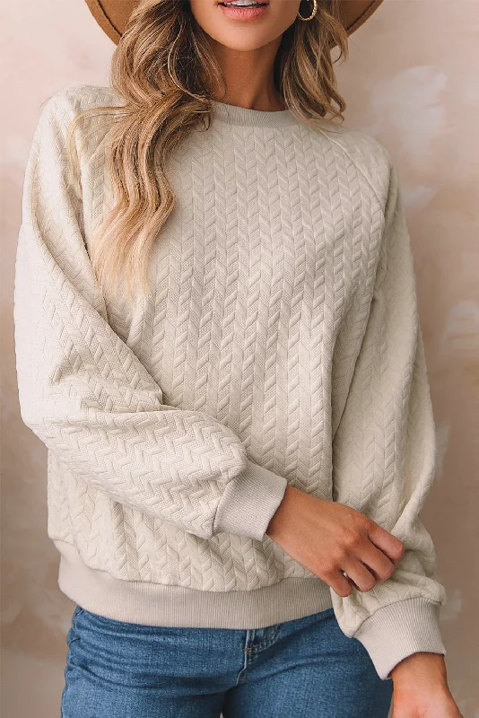 Solid Textured Raglan Sleeve Pullover Sweatshirt