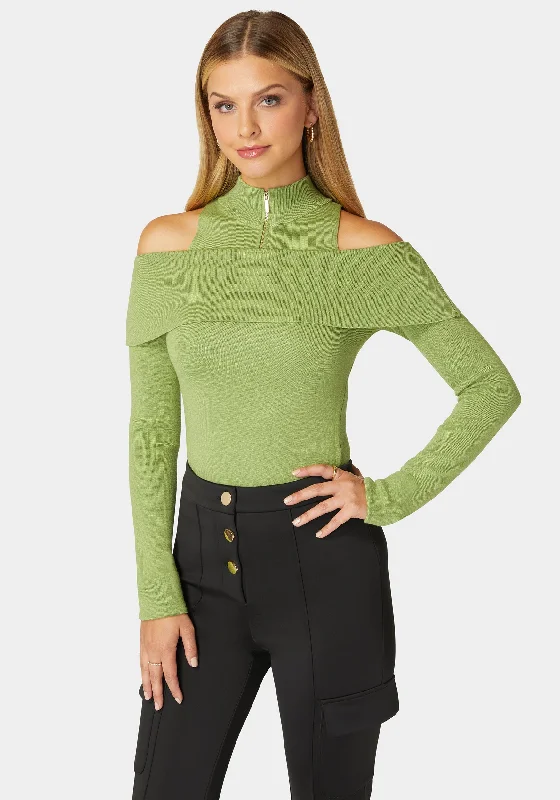 Mock Neck Zip Detail Cold Shoulder Sweater