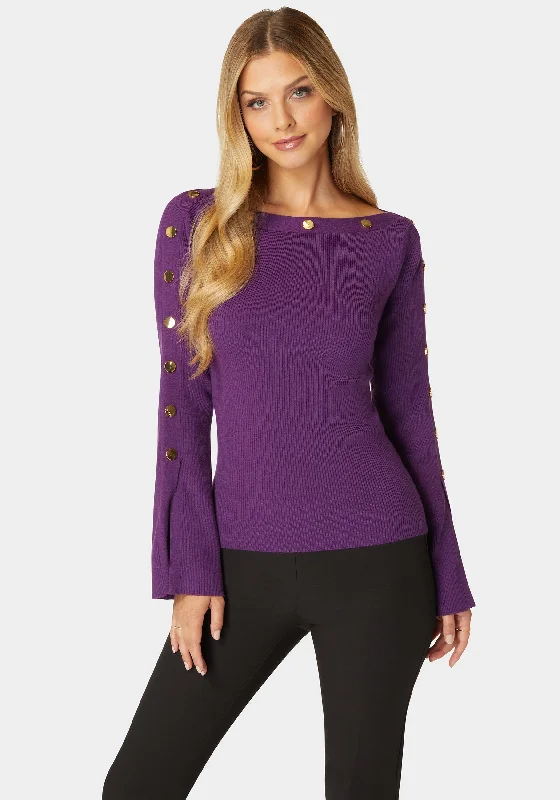 Off Shoulder Bateau Snapped Slit Sweater