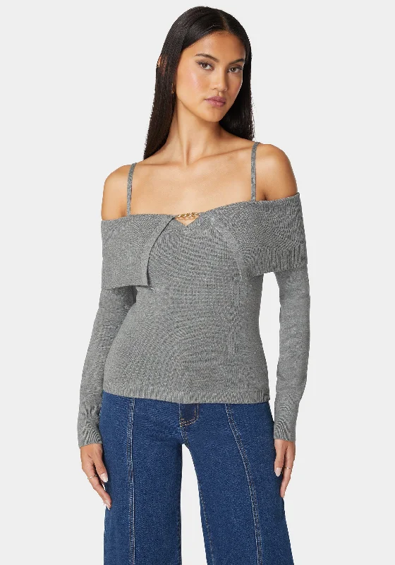 Off Shoulder Fold Over Chain Detail Sweater