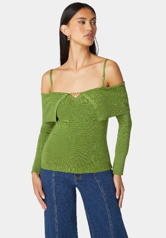 Off Shoulder Fold Over Chain Detail Sweater