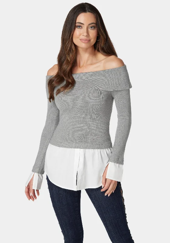 Poplin Combo Fold Over Off Shoulder Sweater Top